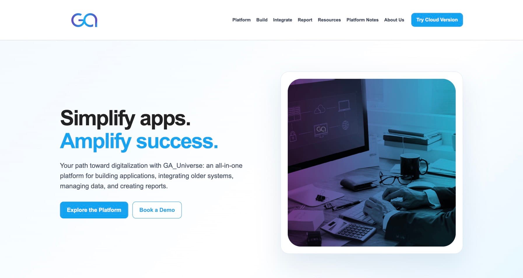 The GA Universe low-code platform landing page.