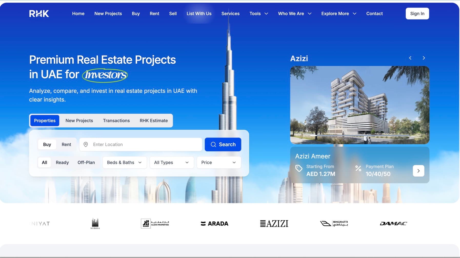 The RHK Properties marketplace home page with its property search.
